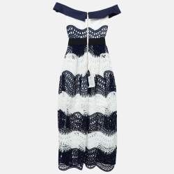 Pre Owned Self-Portrait Navy Blue/White Guipure Lace Off-Shoulder Dress S