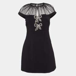 Pre Owned Self-Portrait Black Bonded Crepe Tulle Trim Bow Detail Mini Dress S