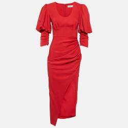 Self-Portrait Red Stretch Crepe Ruched Midi Dress S
