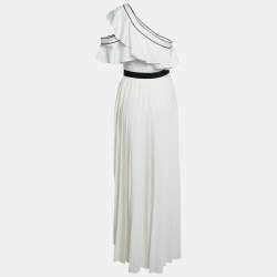 Pre Owned Self-Portrait White Crepe One-Shoulder Pleated Maxi Dress S