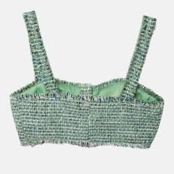 Pre Owned Self-Portrait Green Tweed Sleeveless Fray Detail Cropped Top M