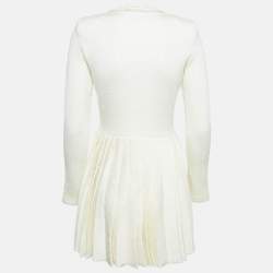 Pre Owned Self-Portrait Cream Knit Bow Embellishment Detail Pleated Mini Dress M