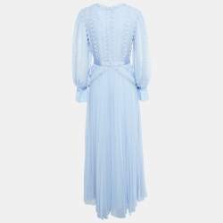 Pre Owned Self-Portrait Light Blue Chiffon Lace Trimmed Maxi Dress M