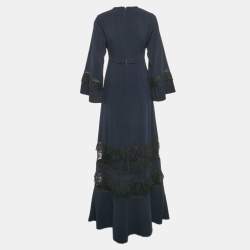 Pre Owned Self-Portrait Navy Blue Crepe Lace Trimmed Maxi Dress S