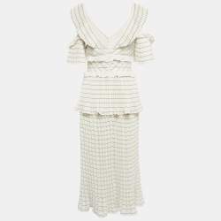 Self-Portrait White Monochrome Stripe Chiffon Midi Dress M