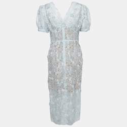 مملوكة مسبقًا Self-Portrait Blue Floral Organza Lace Studded Button Detail Midi Dress M
