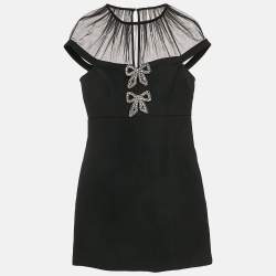 مملوكة مسبقًا Self-Portrait Black Bow Embellished Gabardine Crepe Mini Dress S