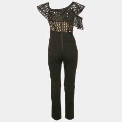 Self-Portrait Black Crepe and Lace Frill Asymmetric Jumpsuit S