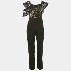 Self-Portrait Black Crepe and Lace Frill Asymmetric Jumpsuit S