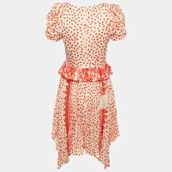 Self-Portrait Beige/Red Printed Satin Handkerchief Dress S