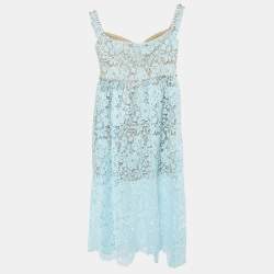 Pre Owned فستان ميدي سيلف بورتريه دانتيل كورد أزرق بدون أكمام مزين بالماس مقاس صغير