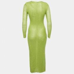 Pre Owned Self-Portrait Green Studded Mesh Long Sleeve Midi Dress S