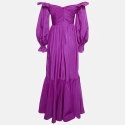 Pre Owned Self-Portrait Purple Taffeta Off Shoulder Frill Detail Maxi Dress S 