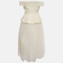 Pre Owned Self-Portrait Cream Boucle Sequin Embellished Tulle Midi Dress M