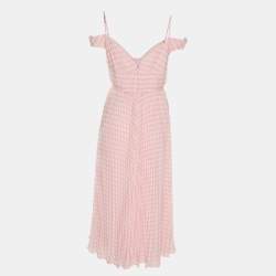 Pre Owned Self-Portrait Pink Gingham Print Chiffon Pleated Midi Dress M