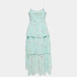 مملوكة مسبقًا Self-Portrait Blue Floral Print Chiffon Tiered Midi Dress M