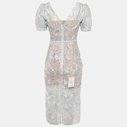 Pre Owned فستان سيلف بورتريه دانتيل مكشكش أزرق بحري ميدي مقاس صغير