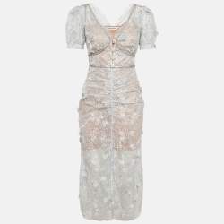 Pre Owned Self-Portrait Sea Blue Lace Ruched Midi Dress S