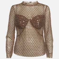Pre Owned Self-Portrait Brown Tulle Sheer Dot Sequin Embellished Top M