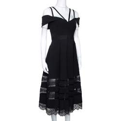 Pre Owned Self Portrait Black Cady Lace Trim Draped Shoulder Midi Dress L