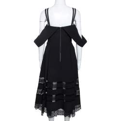 Pre Owned Self Portrait Black Cady Lace Trim Draped Shoulder Midi Dress L