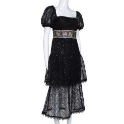 Pre Owned Self Portrait Black Sequin Circle Lace Midi Dress M