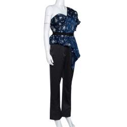 Pre Owned Self Portrait Navy Blue Star Satin Embellished One Shoulder Jumpsuit L