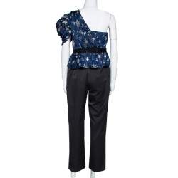 Pre Owned Self Portrait Navy Blue Star Satin Embellished One Shoulder Jumpsuit L