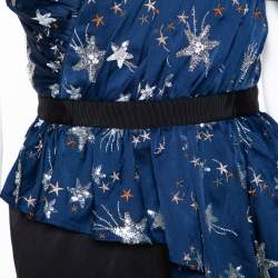 Pre Owned Self Portrait Navy Blue Star Satin Embellished One Shoulder Jumpsuit L