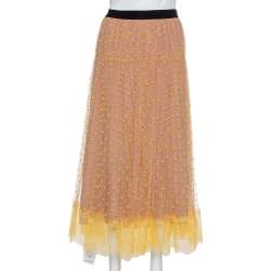 Pre Owned Self Portrait Yellow & Beige Tulle Polka Dot Midi Skirt S