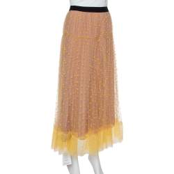 Pre Owned Self Portrait Yellow & Beige Tulle Polka Dot Midi Skirt S