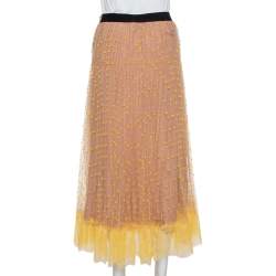 Pre Owned Self Portrait Yellow & Beige Tulle Polka Dot Midi Skirt S