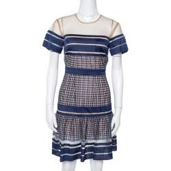 Self Portrait Navy Blue Striped Mesh Peplum Dress S