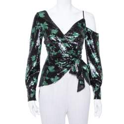 Self Portrait Black Leaf Sequin Wrap Top S