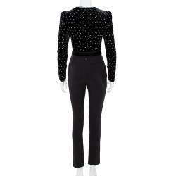 Pre Owned Self-Portrait Black Velvet & Crepe Stone Embellished Paneled Jumpsuit S