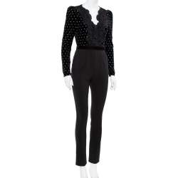 Pre Owned Self-Portrait Black Velvet & Crepe Stone Embellished Paneled Jumpsuit S