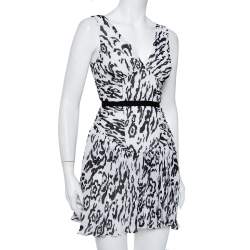 Self-Portrait Monochrome Leopard Printed Plisse Chiffon Sleeveless Mini Dress S