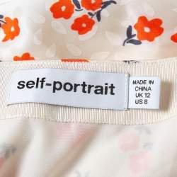 Pre Owned Self-Portrait Cream Floral Printed Satin Asymmetric Skirt M