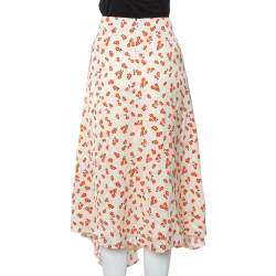 Pre Owned Self-Portrait Cream Floral Printed Satin Asymmetric Skirt M
