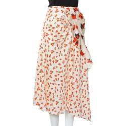 Pre Owned Self-Portrait Cream Floral Printed Satin Asymmetric Skirt M