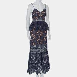 Pre Owned Self Portrait Navy Blue Lace Ruffled Amaryllis Sheer Column Dress M