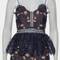 Pre Owned Self Portrait Navy Blue Lace Ruffled Amaryllis Sheer Column Dress M