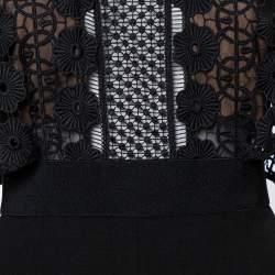 Pre Owned Self Portrait Black Lace & Crepe Balloon Sleeve Detail Jumpsuit L