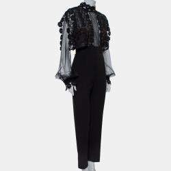 Pre Owned Self Portrait Black Lace & Crepe Balloon Sleeve Detail Jumpsuit L