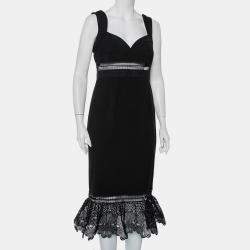 Pre Owned Self-Portrait Black Crepe Lace Trim Detail Olivia Midi Dress L