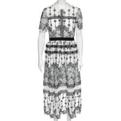 Pre Owned Self-Portrait White Daisy Sequined Mesh Midi Dress M