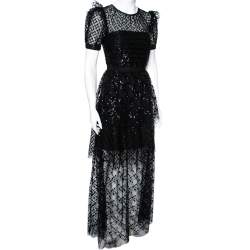 Pre Owned Self-Portrait Black Sequin Embellished Tulle Tiered Gown S