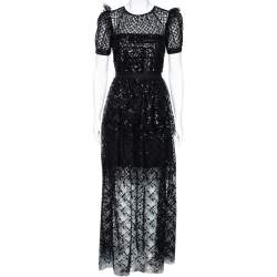 Pre Owned Self-Portrait Black Sequin Embellished Tulle Tiered Gown S