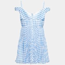 Pre Owned فستان سيلف بورتريت كريب غينغام أزرق بكتف مكشوف قصير مقاس وسط ( ميديوم )