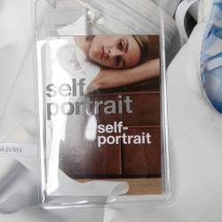 Pre Owned فستان سيلف بورتريت كريب غينغام أزرق بكتف مكشوف قصير مقاس وسط ( ميديوم )